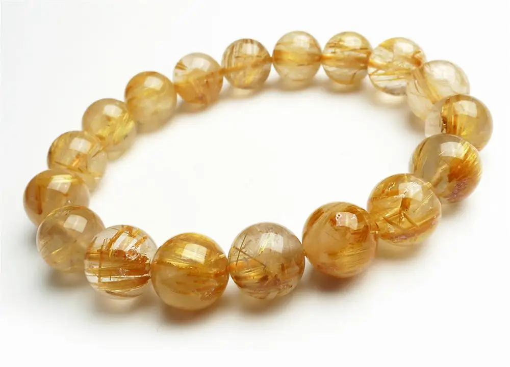 

11mm Natural Titanium Gold Rutilated Quartz Crystal Woman Man Wealthy Round Beads Bracelet Jewelry Bangle AAAA