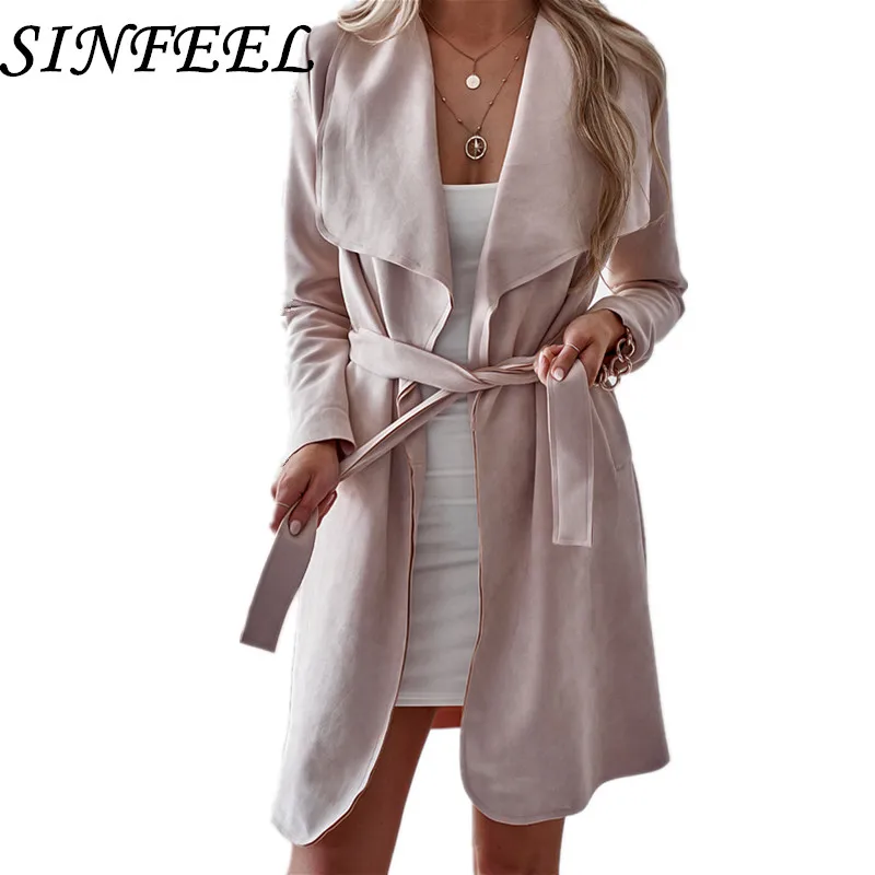 

SINFEEL Elegant Turn-down Collar Jacket Autumn Wool Blend Female Belt Pockets Long Coat Women Casual Winter Overcoat Outerwear