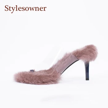 

2020 Hot Fashion Sexy Lady High Heel Fashionable Sandal Shoes PVC Clear Fur Chic Street Party Women Muller Attractive Shoes