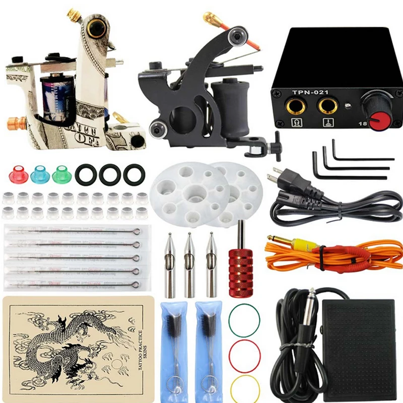 

Professional Tattoo Kits 2 pcs 10 wrap coins Guns black mini Power Supply Practice Skin Clip Cord free shipping