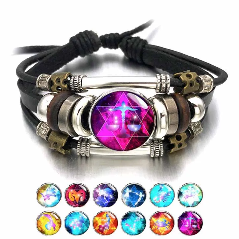 

Adjustable 306 Zodiac Signs Men Bracelets Bangles Alloy Buckles Vintage Punk Really Leather Bracelets for Women Charm Gift