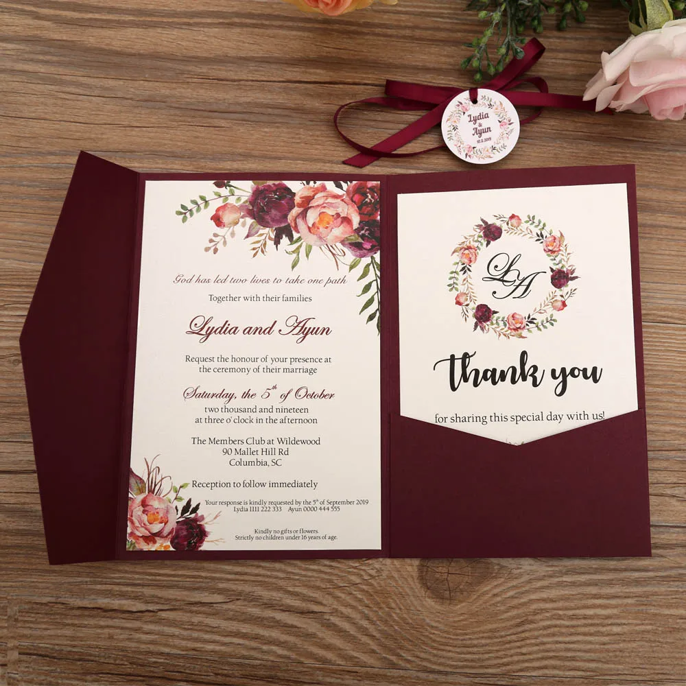 100pcs Wedding Invitations Blue Pocket Burgundy Greeting Cards with