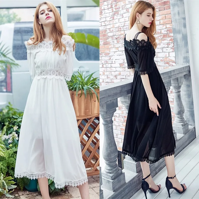 2017 Summer Dresses Ukraine Women Off Shoulder Lace Chiffon Beach Long Dress White Black Elegant Boho Dress For Holiday long-white-lace-dress