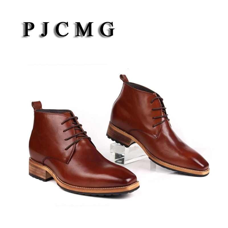 Men's High Genuine Leather Elevator 8 CM Brogue Wedding Office Ankle Boots Lace-Up Male Footwear safety shoes men shoes