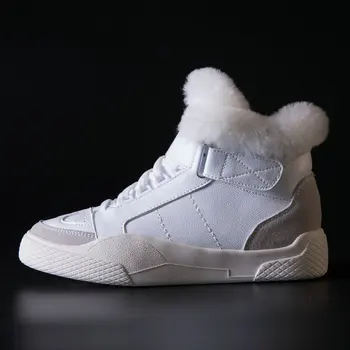 

Winter Sneakers Ladies Fashion Genuine Leather Woman Platform Flat Ankle Boots Women Fur Shoes Black White Shoes