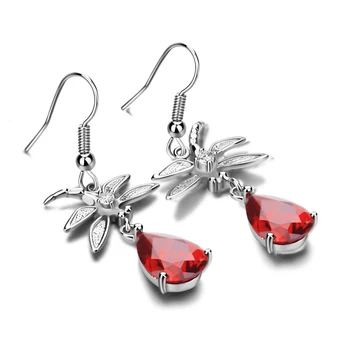 

Genuine cute dragonfly silver earrings. solid 925 sterling silver women's jewelry. Red cubic zirconia water drop earrings gift