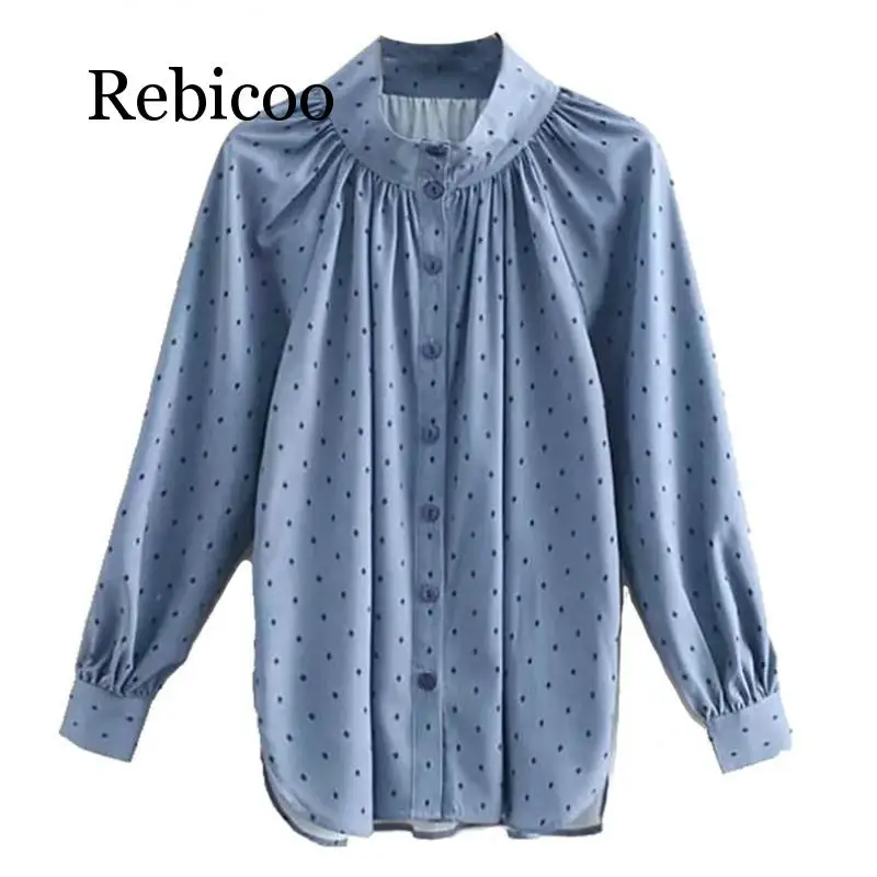 

2019 Women's Long Sleeve Print T-Shirt Slim Dot Top Blue T-Shirt