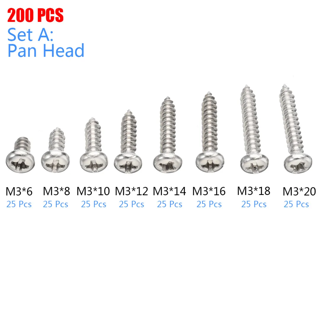 200pcs New M3 Self Tapping Screws Stainless Steel Pan Flat Head Self-Tapping Screws 8 Sizes Assortment Kits