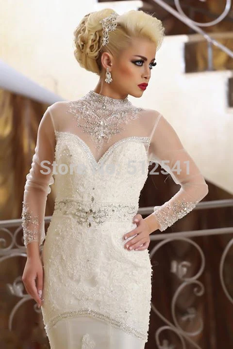 

High Neck Crystal Wedding Dresses Long Sleeves Mermaid Trumpet Sequin Lace Applique Beads Rhinestone Bridal Gowns yk1A911