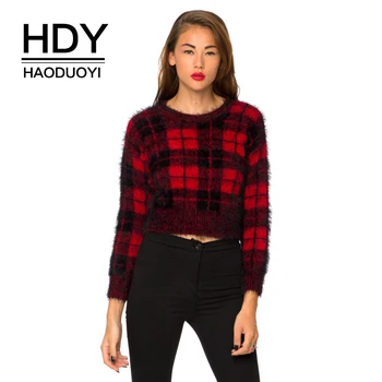 

HDY Haoduoyi England Style Red Plaids Sweater Long Sleeve Crop Sweaters Winter Autumn Warm Sweater Jumper Fashion Pullovers