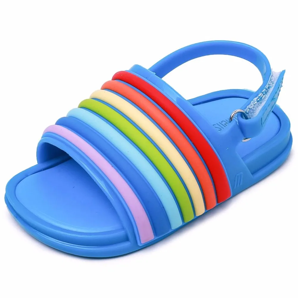Мини Мелисса новые сандалии для девочек прозрачная обувь для маленьких мальчиков и девочек сандалии радужные полосатые Нескользящие пляжные сандалии обувь