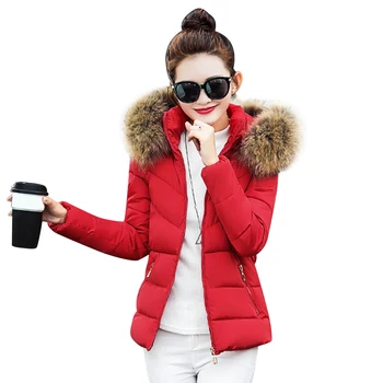 

Big Fur Collar Hooded Coat Slim Short Women Wadded Jacket Winter Quilted Outwear