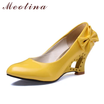 

Meotina Shoes Women Wedge High Heels Fashion Bow PU Patent leather Platform Shoes Party Pumps White Black Pink Yellow Size 34-39