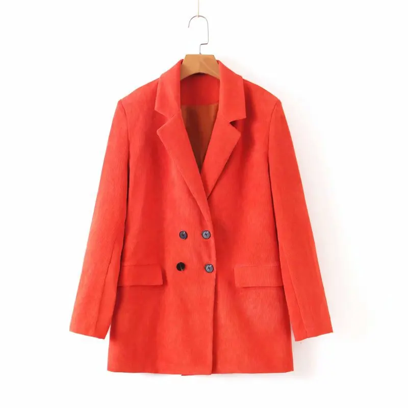 2019 Corduroy Work Women's Pant Suit Double Breasted Office Lady Jacket Blazer & Wide Leg Pants Two Piece Sets Female Trouser