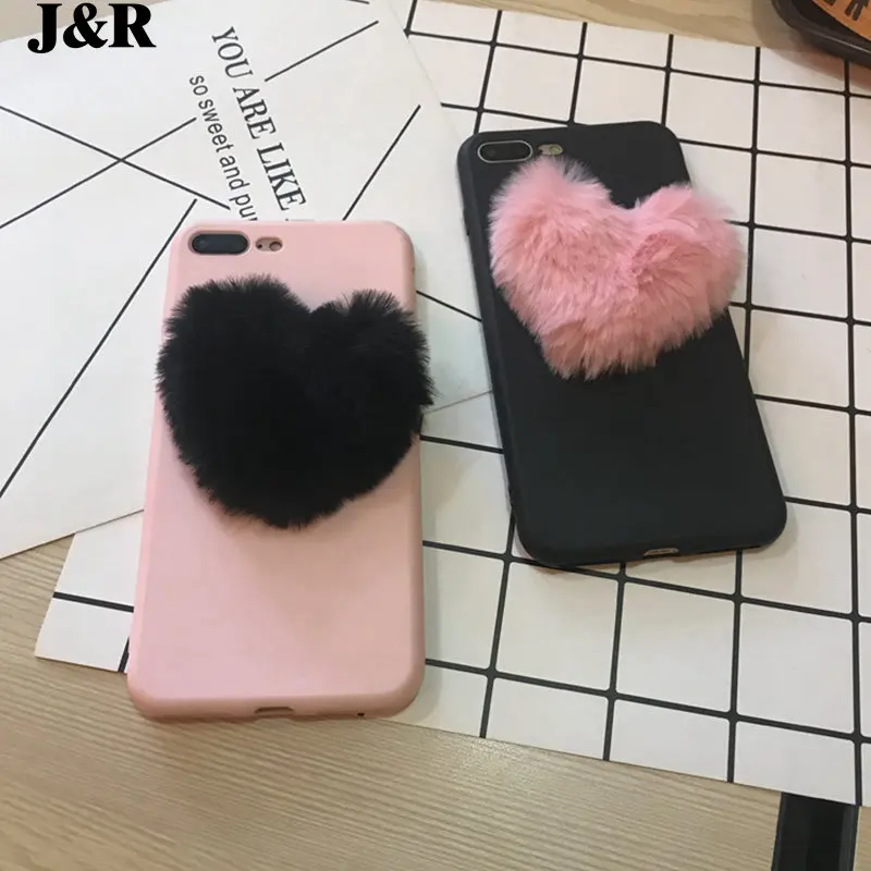 J&ampR Lovely 3D Furry Love Heart Phone Case For iPhone X 6 6S Plus 7 7Plus 8 8Plus 5 5S SE Fashion Soft TPU Back Cover Cases |