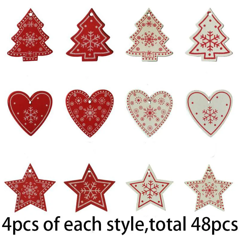 

48pcs Wood Christmas Decoration Christmas Decoration for Tree Snowflake Angel Bell White Red Christmas Hanging Pendant Ornament