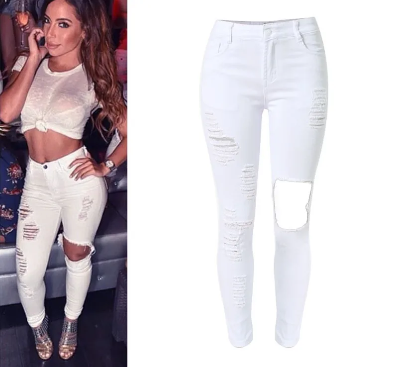 

Hot Sale solid high waisted ripped tassels scratched slim full length women's jeans pants trousers jegging plus size for woman
