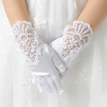 Guantes de malla elástica blanca para niñas, guantes de Baile de Princesa, para fiesta Formal, corto de perlas, lazo de encaje, G79