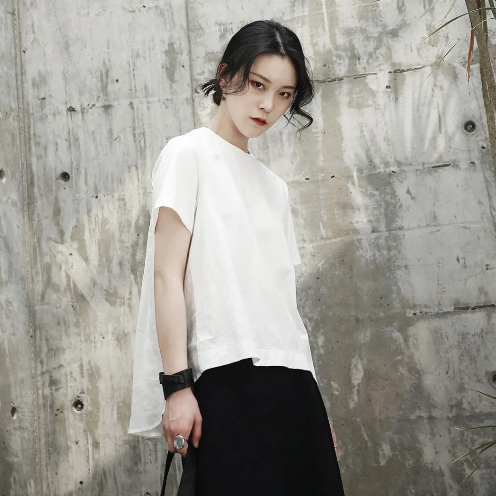

Cakucool New Black White Blouse Loose Femme Mesh Linen shirt Short Sleeve Asymmetric Minimalist Blusa Women Summer Top Plus size
