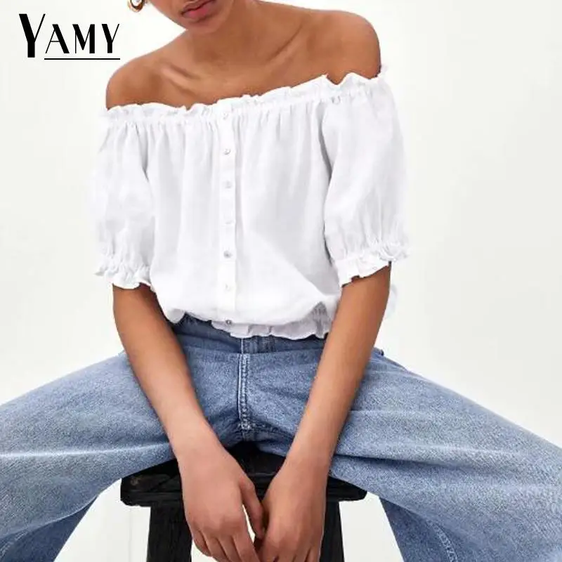 Blusas mujer de moda 2018 Женские топы и блузки белая рубашка с вырезом лодочкой корейские