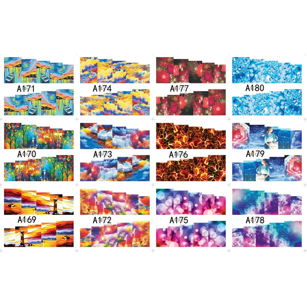 

UPRETTEGO 12 PACKS / LOT NAIL ART BEAUTY WATER DECAL SLIDER NAIL OIL PAINTING RIVER SUN SET STARY SKY CLOUD A169-180