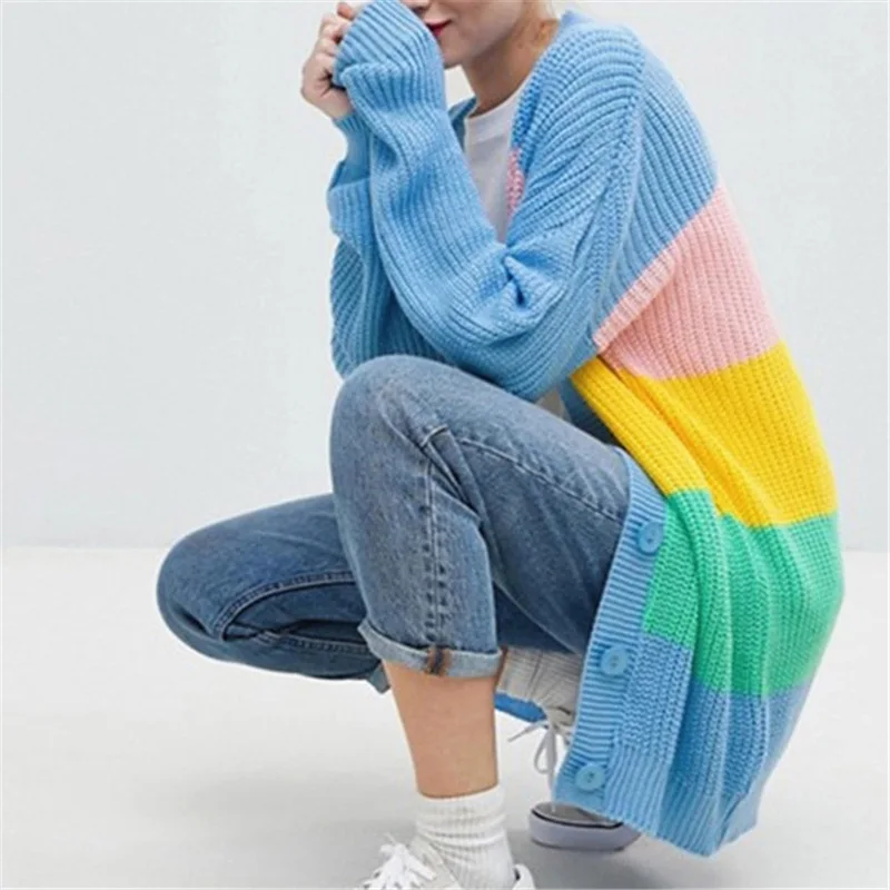 

Autumn Women Knitted Cardigan Rainbow Patchwork Sweater Maccaron Color Stripes Loose Harajuku Sweater Women'S Spring Sweaters