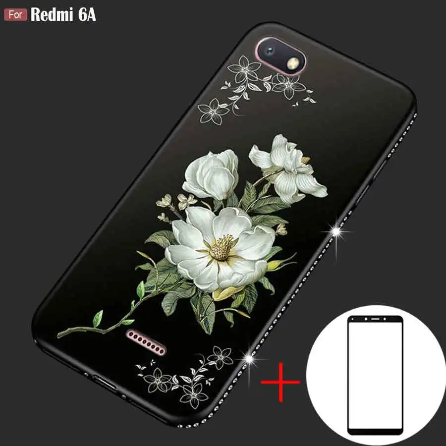 

Rhinestone Case For Xiaomi Redmi 6A 2GB+16GB 5.45" NEW 3D Relief Flower Pattern Silicone Cover + Redmi 6A Glass Screen Protector