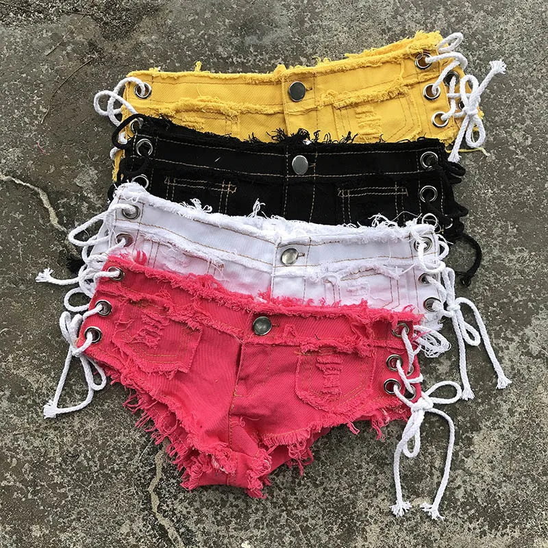 

2018 Summer Short Femme Low Waist Thong Jeans for Women Hollow Out Micro Bikini Mini Short Sexy Denim Shorts Night Clubwear Blue