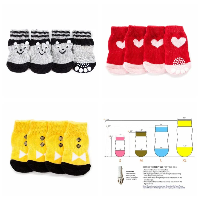 4pcs Pet Dog Knit Socks Christmas Pattern Printed Non-slip Cotton Socks Paws Cover Warm Shoes S M L XL