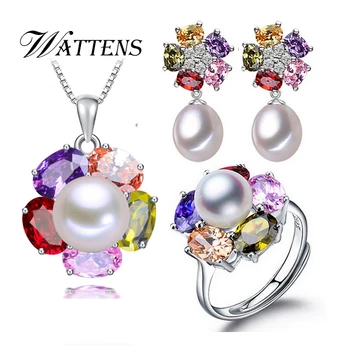 

925 Sterling Silver pearl jewelry sets for women natural earrings bohemian pendant necklace ring engagement multicolor Zircon