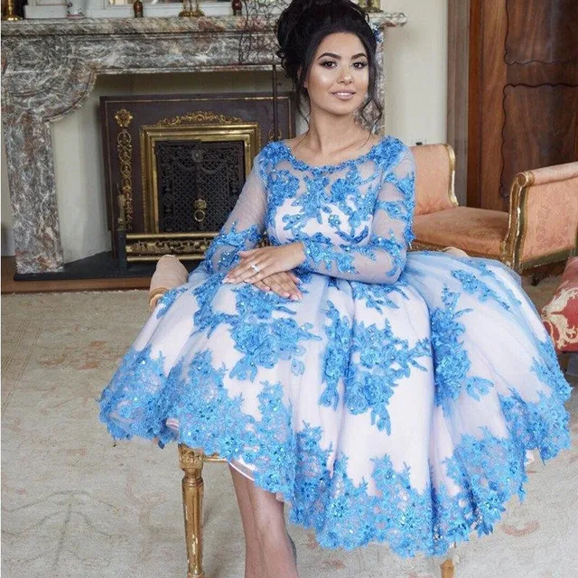Vintage Tea Length Formal Party Dresses Crystal Liqes Lace Full Vintage Tea Length Formal Party Dresses Crystal Liqes Lace Full Sleeves Puffy Lady Gowns O