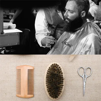 

3pcs/set Beard Hair Comb & Scissors Mens Boar Hair Bristle Hard Round Wood Handle Beard Mustache Brush Set