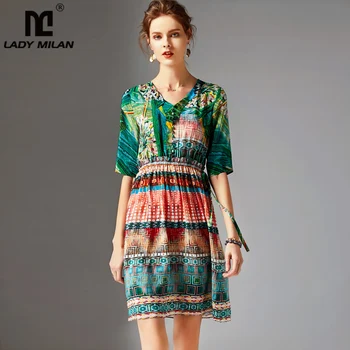 

2019 100% Silk Women's Runway V Neck Short Sleeves Floral Printed Fashion Casual Summer Dresses