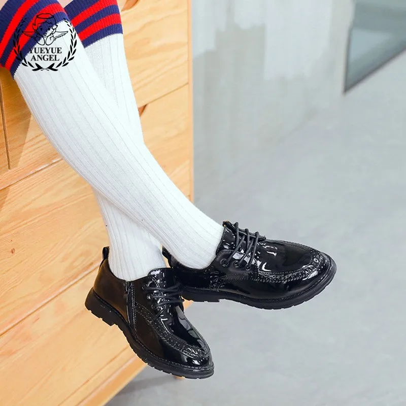 Английский школьников обувь осень детская обувь черный квадратный каблук Pu Кожаные модельные туфли обувь для мальчиков и девочек