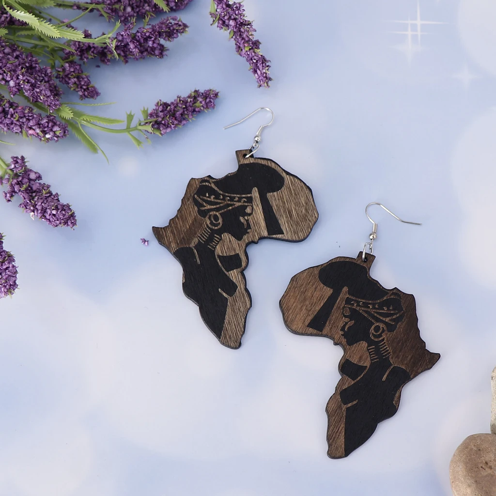 MagiDeal Chic Wooden African Map Women Figure Earrings India Lady Tribe Hook Earring