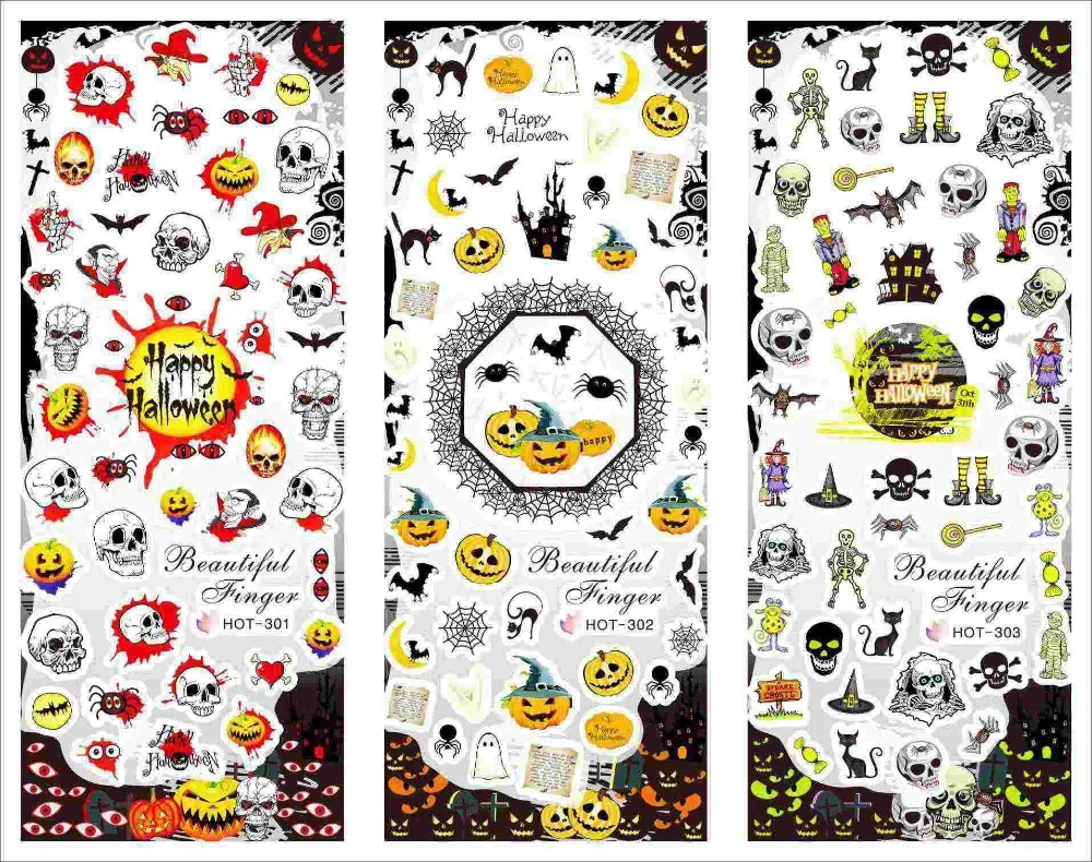 

3 Sheet/Lot Japan Nail Art Sticker Halloween Blood Skull Pumpkin Water Transfer Sticker Decal Sticker Accessories HOT301-303