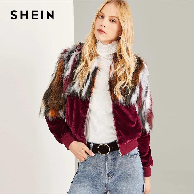 SHEIN Multicolor Elegant Office Lady Zipper Up Colorful Faux Fur Jacket 2018 Autumn Streetwear Workwear Women Coat Outerwear