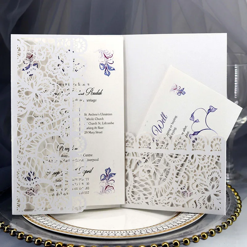 100 шт Европейская лазерная резка, для свадьбы Пригласительные карты кружева цветок три раза кружева деловая поздравительная открытка сувенир для свадебной вечеринки поставки - Цвет: White Cover inner