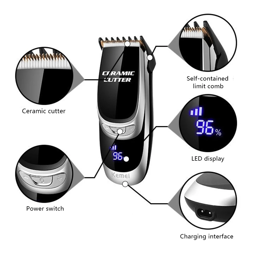 Kemei KM-6035 триммер для волос ЖК-дисплей перезаряжаемая электрическая машинка для стрижки волос Бритва для бороды стальное лезвие головка для удаления волос Бритва