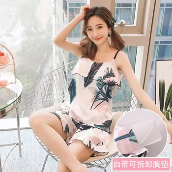 

Yidanna Summer Women Pajamas Set Sleeveless Print Sleep Clothing Female Casual Sleepwear Silk Nightwear Lady Sexy Casual Nighty