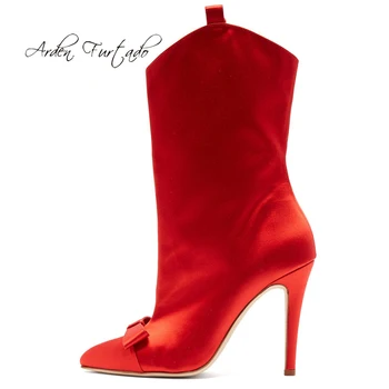 

Arden Furtado 2019 spring autumnsexy stilettos party shoes ladies slip on pointed toe red pink mid calf ankle boots big size 45