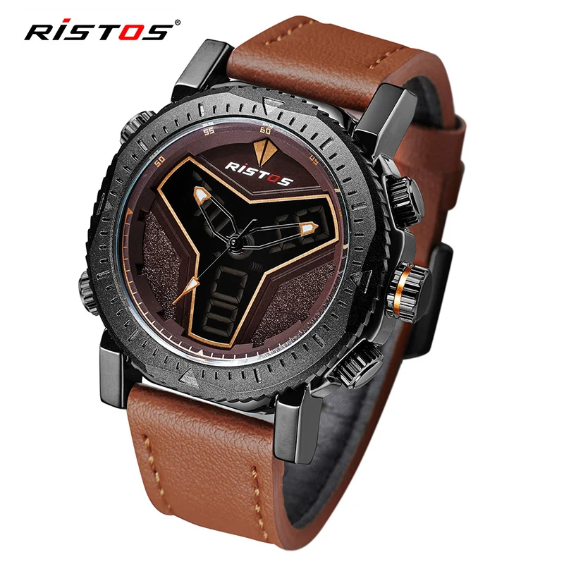

RISTOS Digital Watch Men Military Army Sport Watch Waterproof Led Analog Display Leather Watches Auto Date Week Wristwatches
