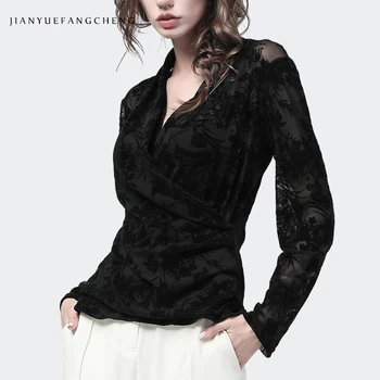 

Elegant Black Cut Floral Blouse Women Lace Blouses and Tops V-neck Long Sleeve Pull On Slim Waist 2019 Spring Thicken Lady Shirt