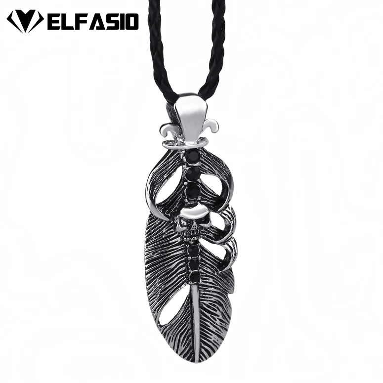 

Men's Gothic Skull Feather Black CZs Pendant with 24" Necklace Jewelry LP223