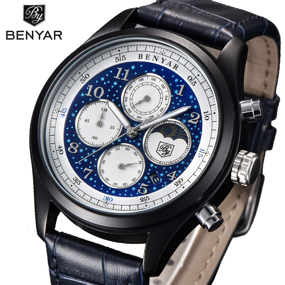 

New Arrival Fashion Men Calendar Function Watches Brand BENYAR Steel Leather Quartz Wristwatches Waterproof Relogio Masculino