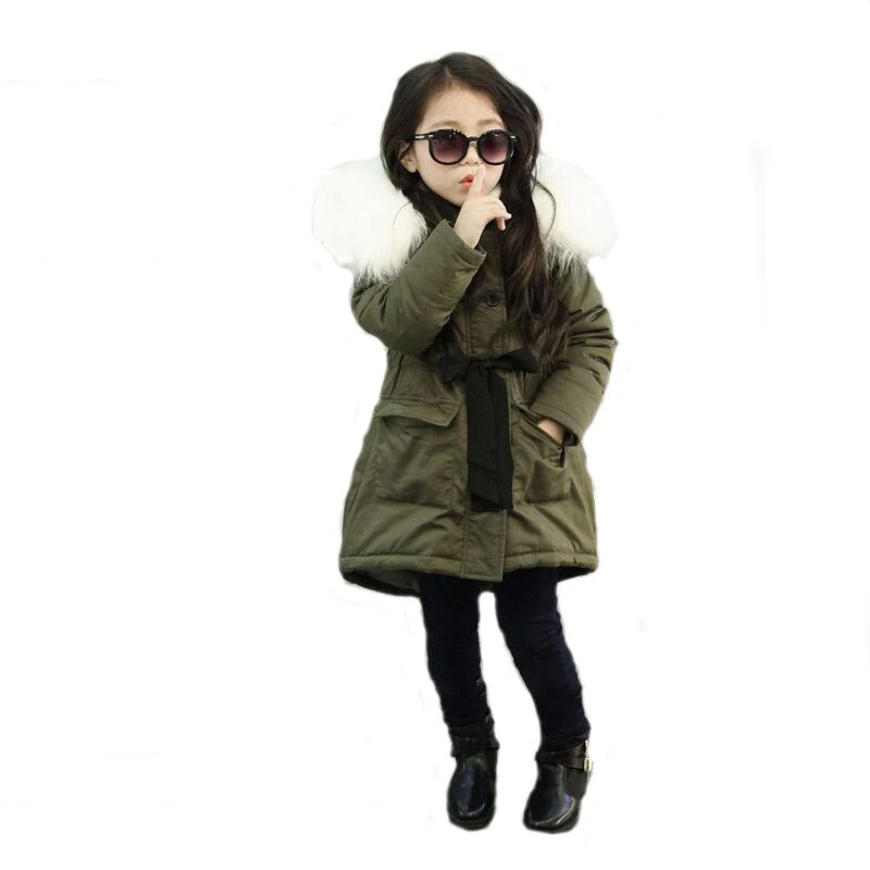 Nuevas de invierno para niños, para niñas, verde militar, más terciopelo grueso, abrigo para salir, Parkas con capucha y Cuello piel con cinturón _ - AliExpress Mobile