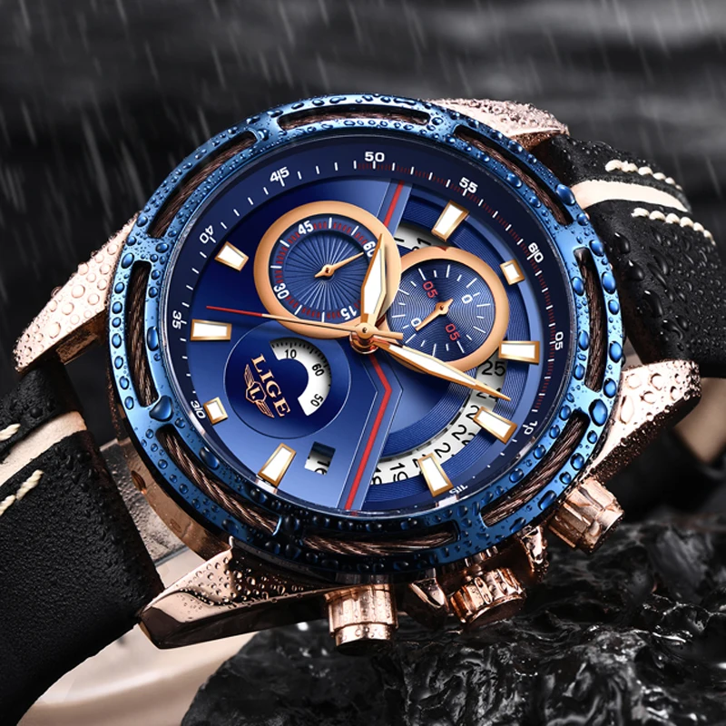 

2018 New LIGE Sport Chronograph Mens Watches Top Brand Luxury Leather Waterproof Date Quartz Watch Man Clock Relogio Masculino