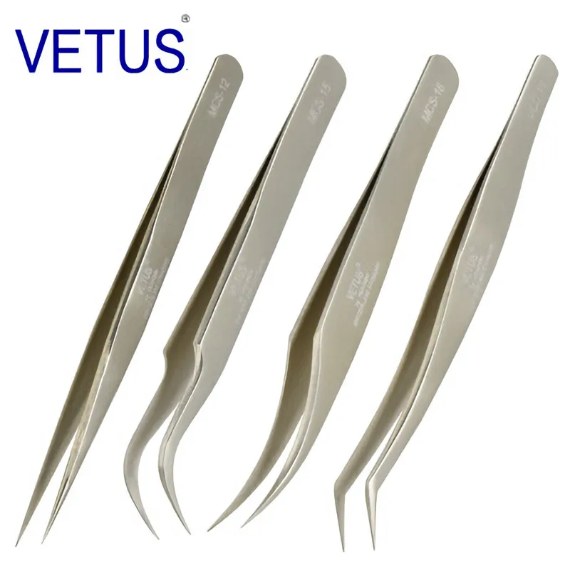 4PCS VETUS Original MCS Bright Blue Premium Beauty Makeup Tweezers for Eyelashes Extension Super Fine Tip High Precision Clip 2
