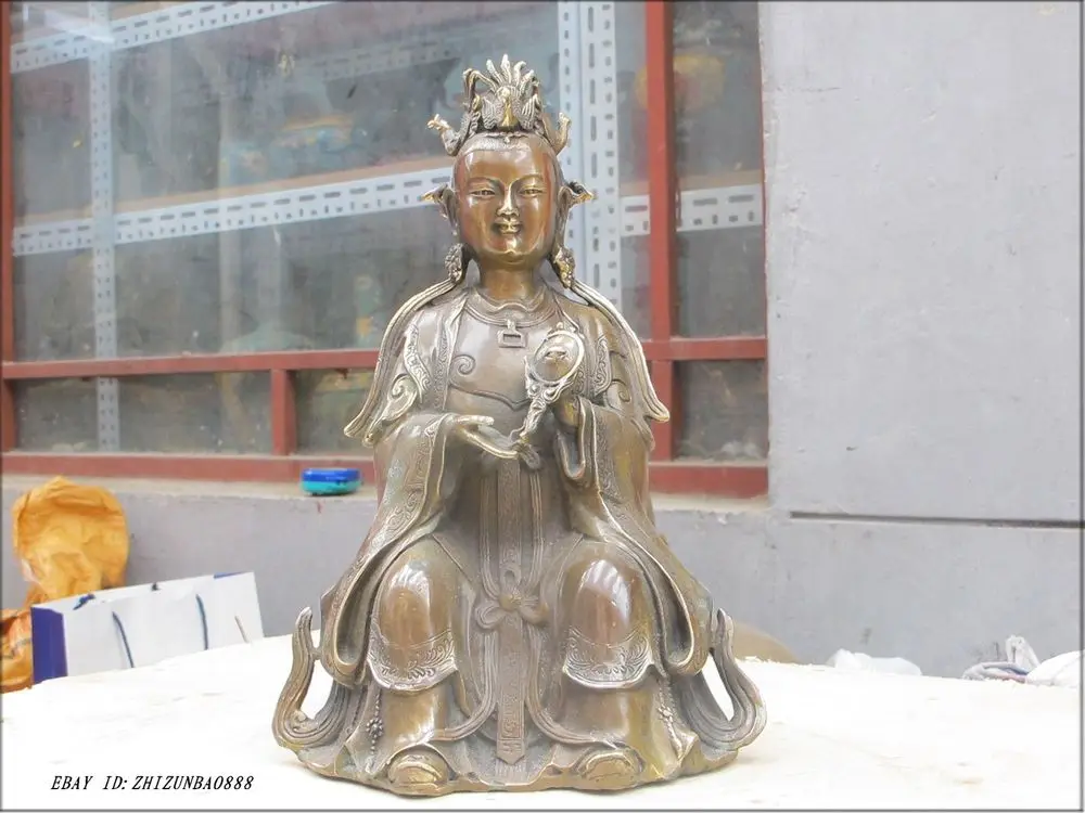 

11.5"Chinese pure Bronze carve hold mirror Kwan-yin Statue Guanyin
