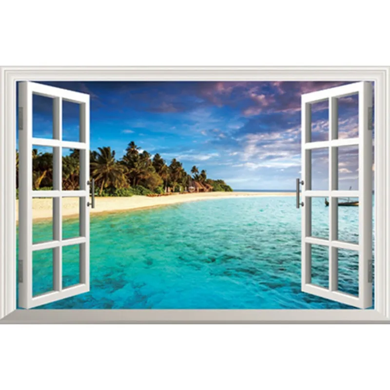 La Mer Méditerranée paysage peint Plage 3d art faux fenêtre vinyle stickers muraux décoration de